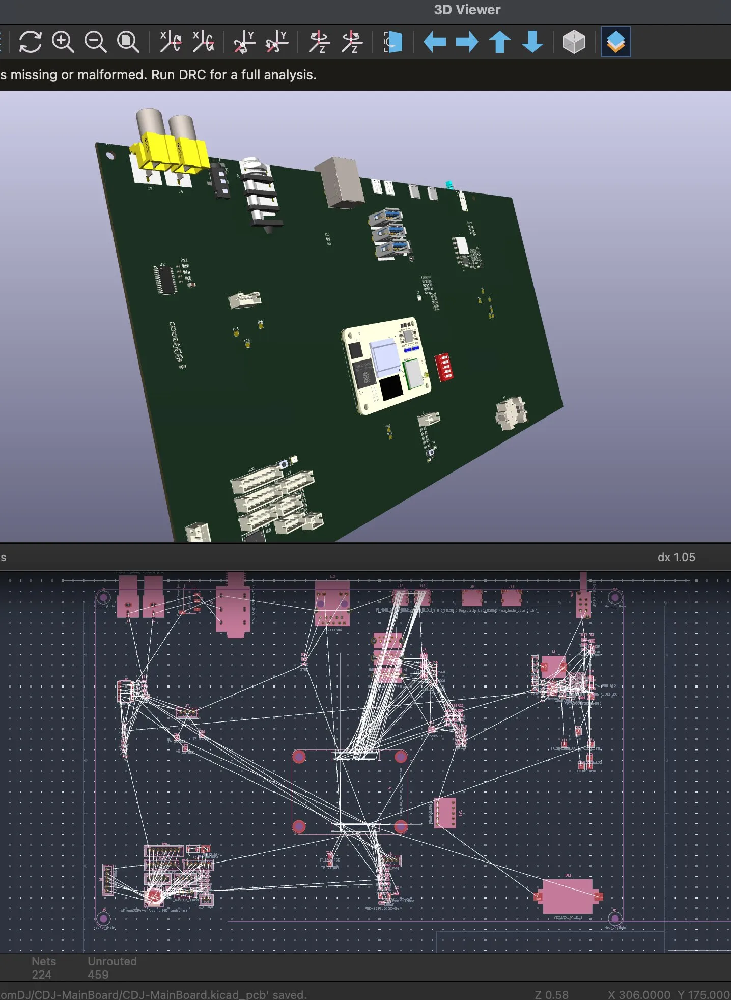 Two KiCad views: a 3D render of a long green board with RCA jacks, an Ethernet socket and a Compute Module in the middle, and below it the same board in the layout editor, covered in thin unrouted connection lines.