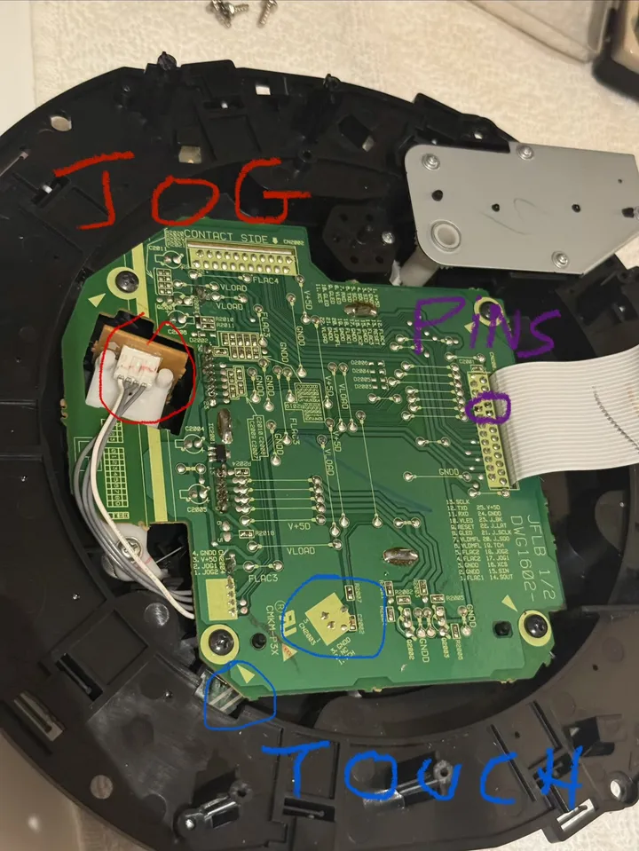 A small green circuit board on the back of the jog mechanism, with hand-drawn circles labelled JOG in red, PINS in purple and TOUCH in blue around three connectors.
