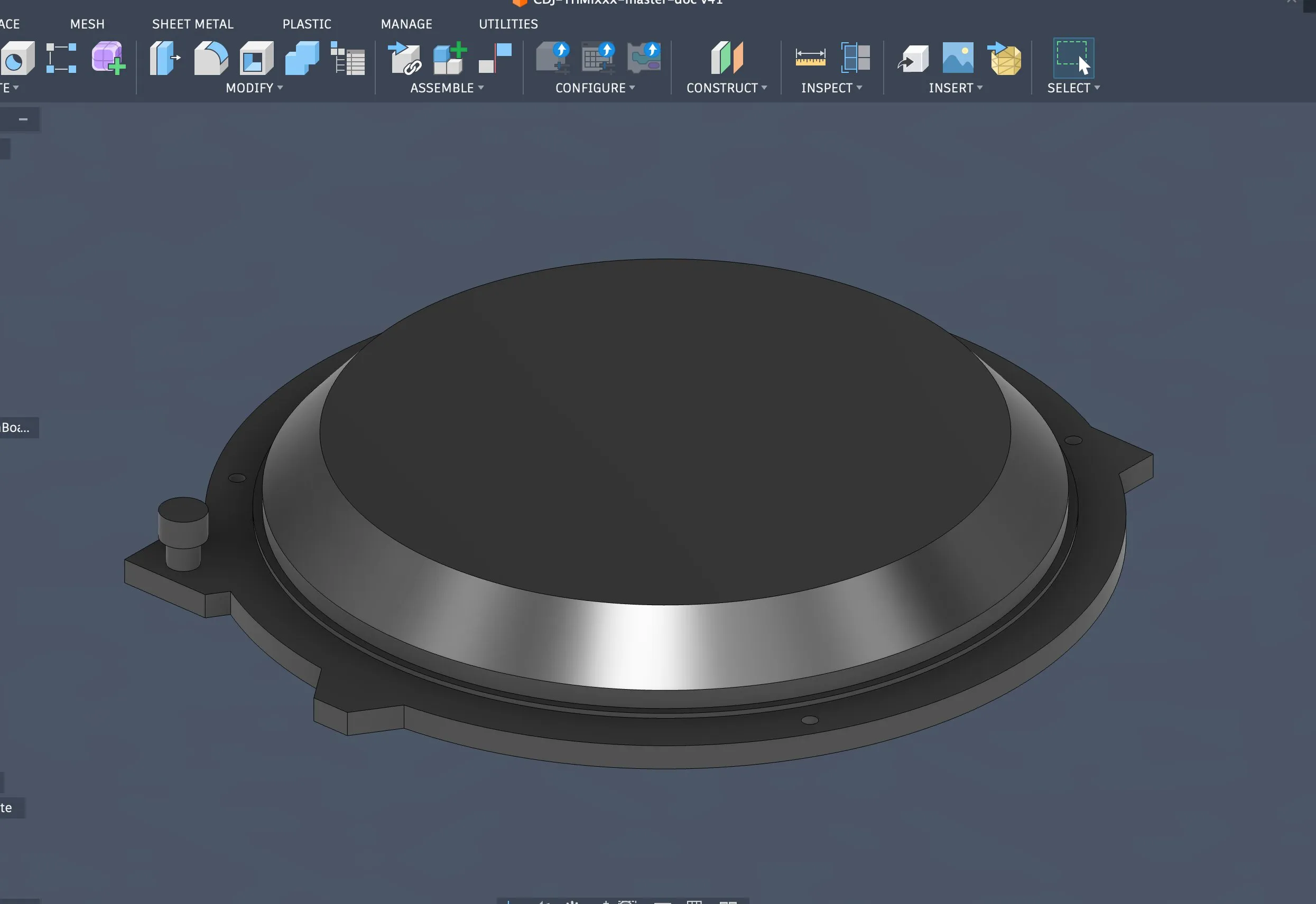 A grey 3D model of the jog wheel: a round platter on a wider base ring with mounting tabs.