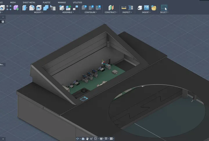 A Fusion 360 model of a deck with its screen housing open, showing a long green circuit board inside, and a top plate with a large round hole for the jog wheel.