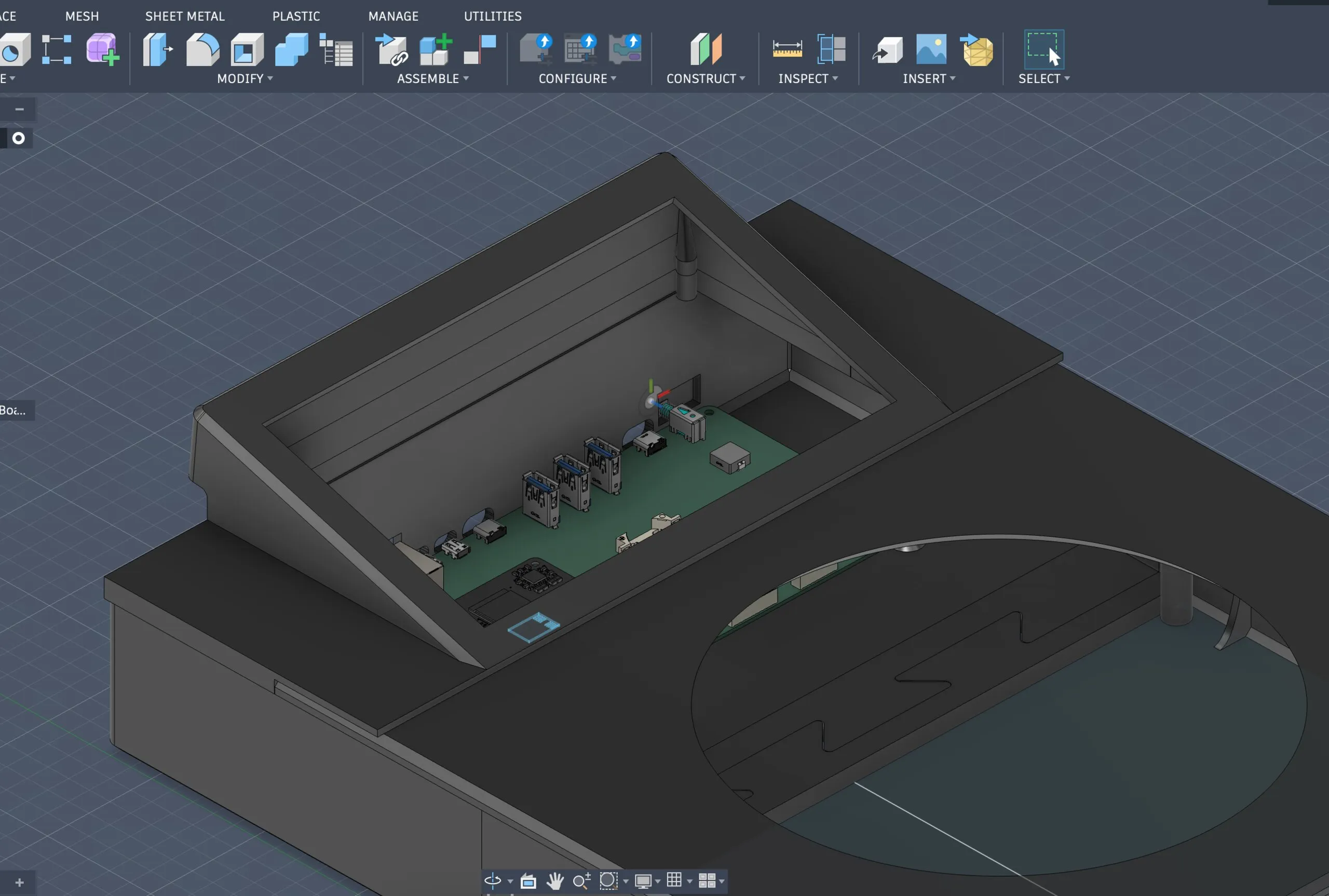 A Fusion 360 model of a deck with its screen housing open, showing a long green circuit board inside, and a top plate with a large round hole for the jog wheel.