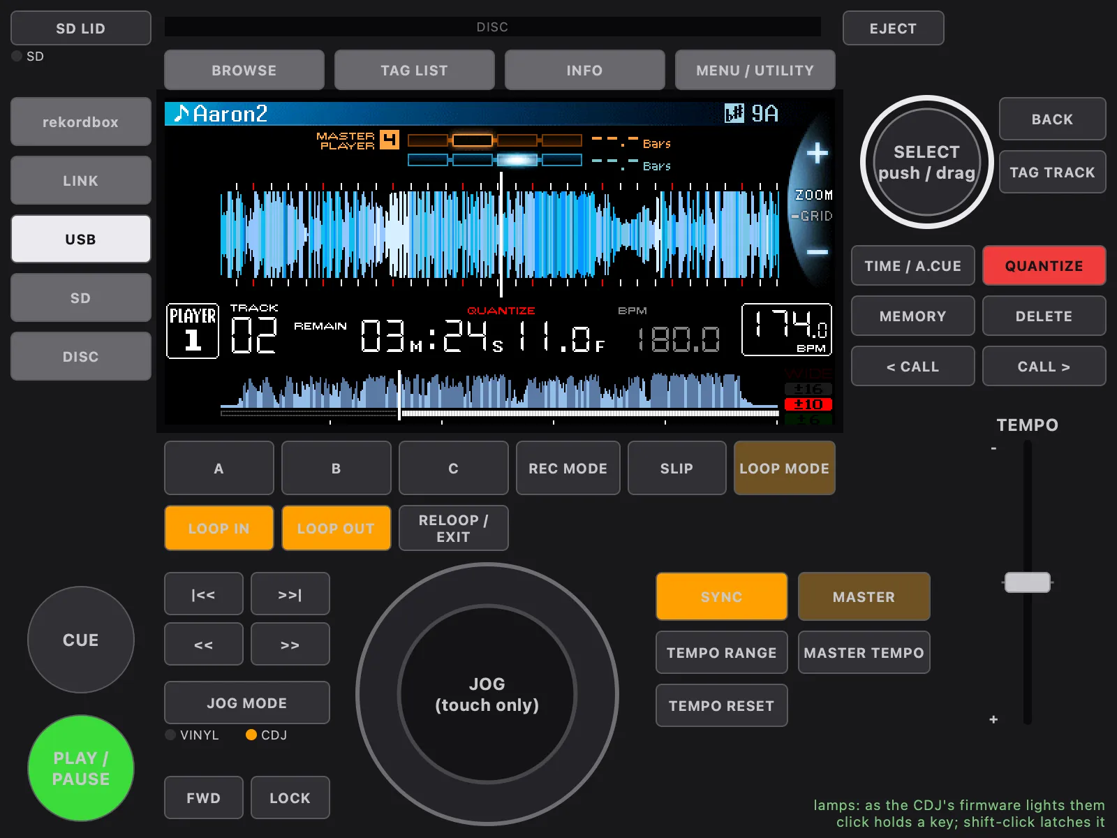 pi-qemu's window for an emulated CDJ-2000NXS: the player's own screen, showing the track Aaron2 synced to 174 BPM from its own 180, with MASTER PLAYER 4 above the waveform, inside a drawing of the NXS's top panel with SYNC, PLAY, USB, LOOP IN, LOOP OUT and QUANTIZE lit.