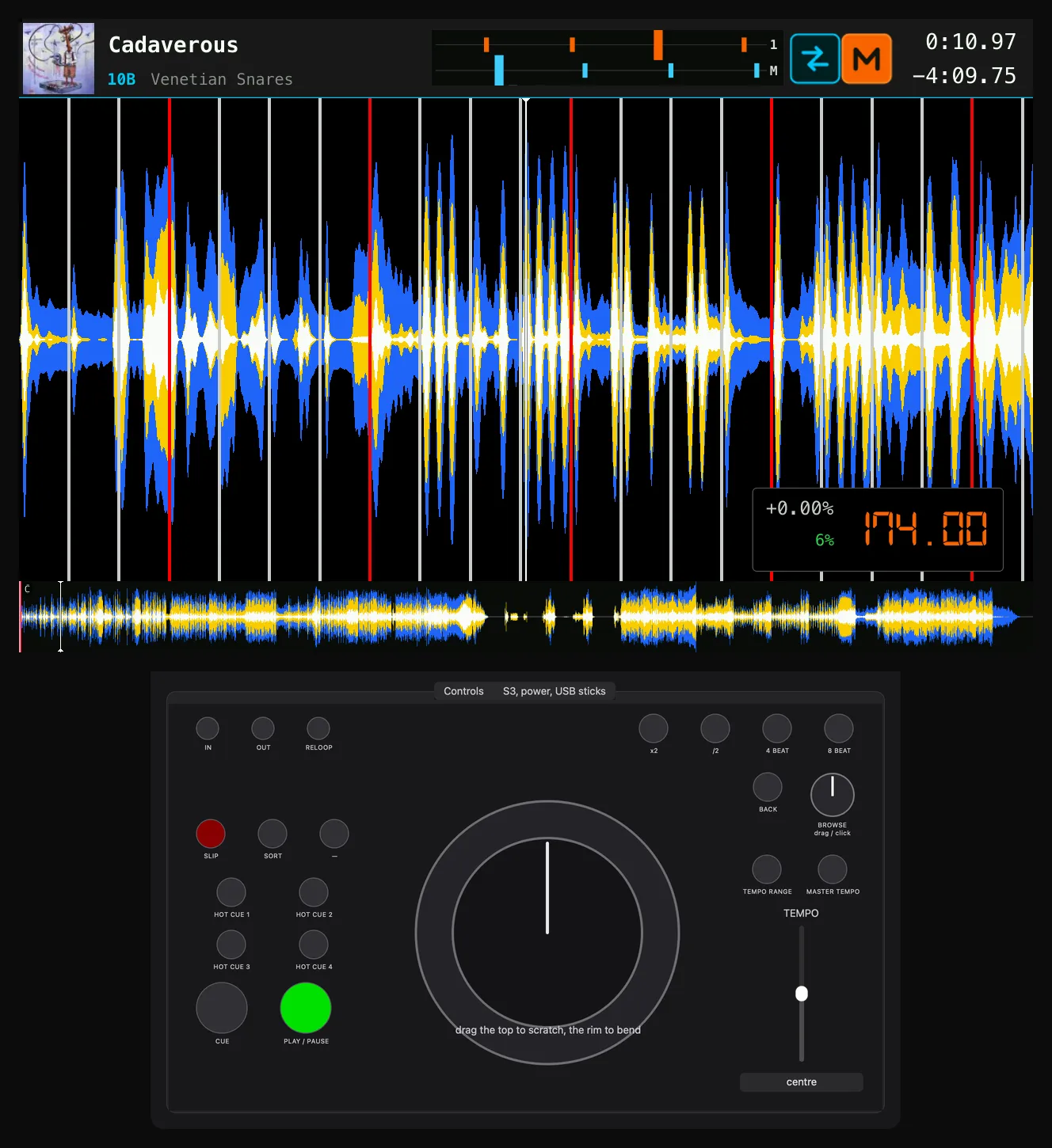 An emulated TriMixxx deck on a Mac. Above, its screen: Cadaverous by Venetian Snares at 174 BPM, with SYNC and MASTER lit. Below, the panel that stands in for the deck's controls: loop and hot cue buttons, the jog wheel, the browse encoder and the tempo fader, with PLAY/PAUSE lit green.