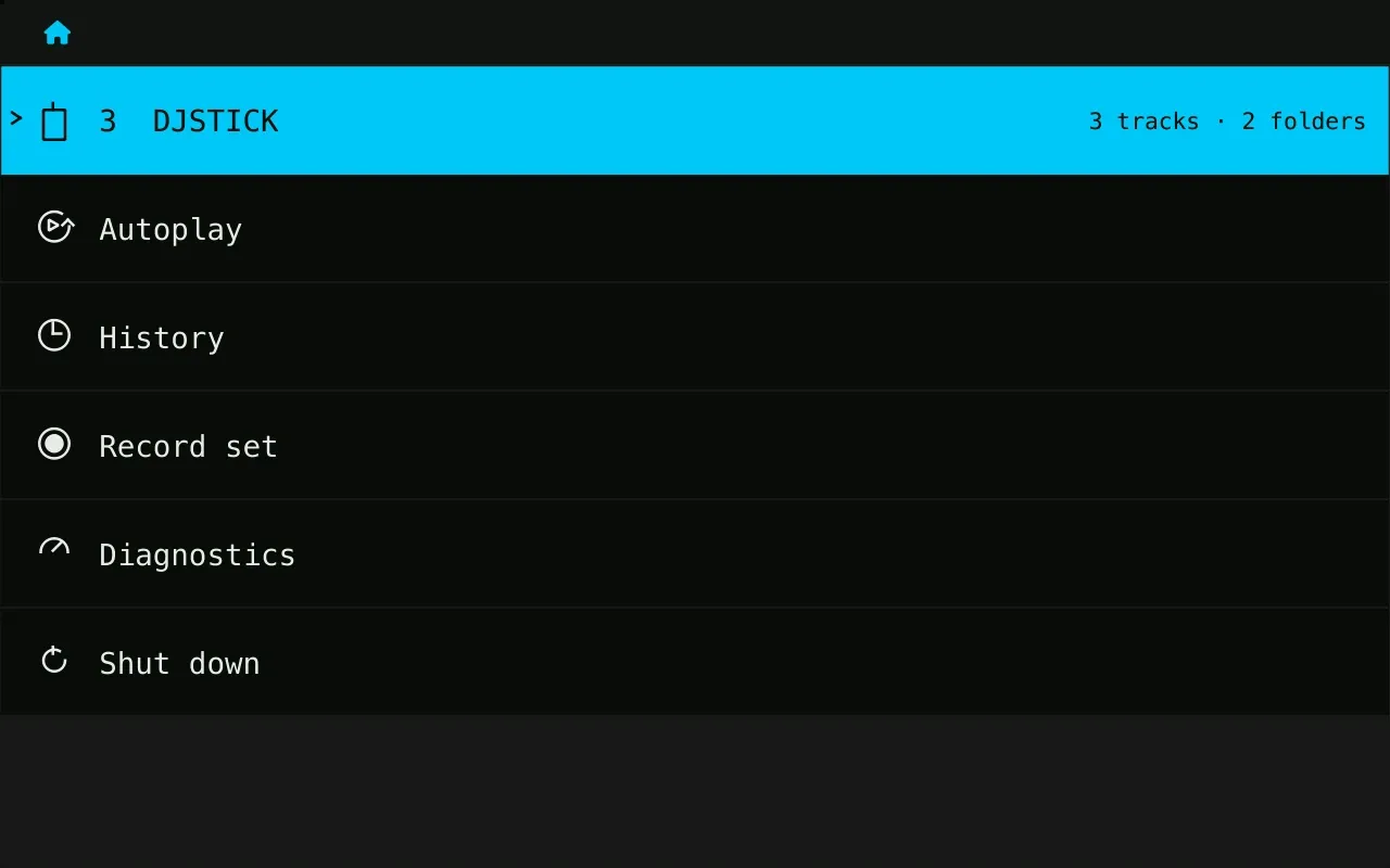 The deck's home list: a stick called DJSTICK, then Autoplay, History, Record set, Diagnostics and Shut down.