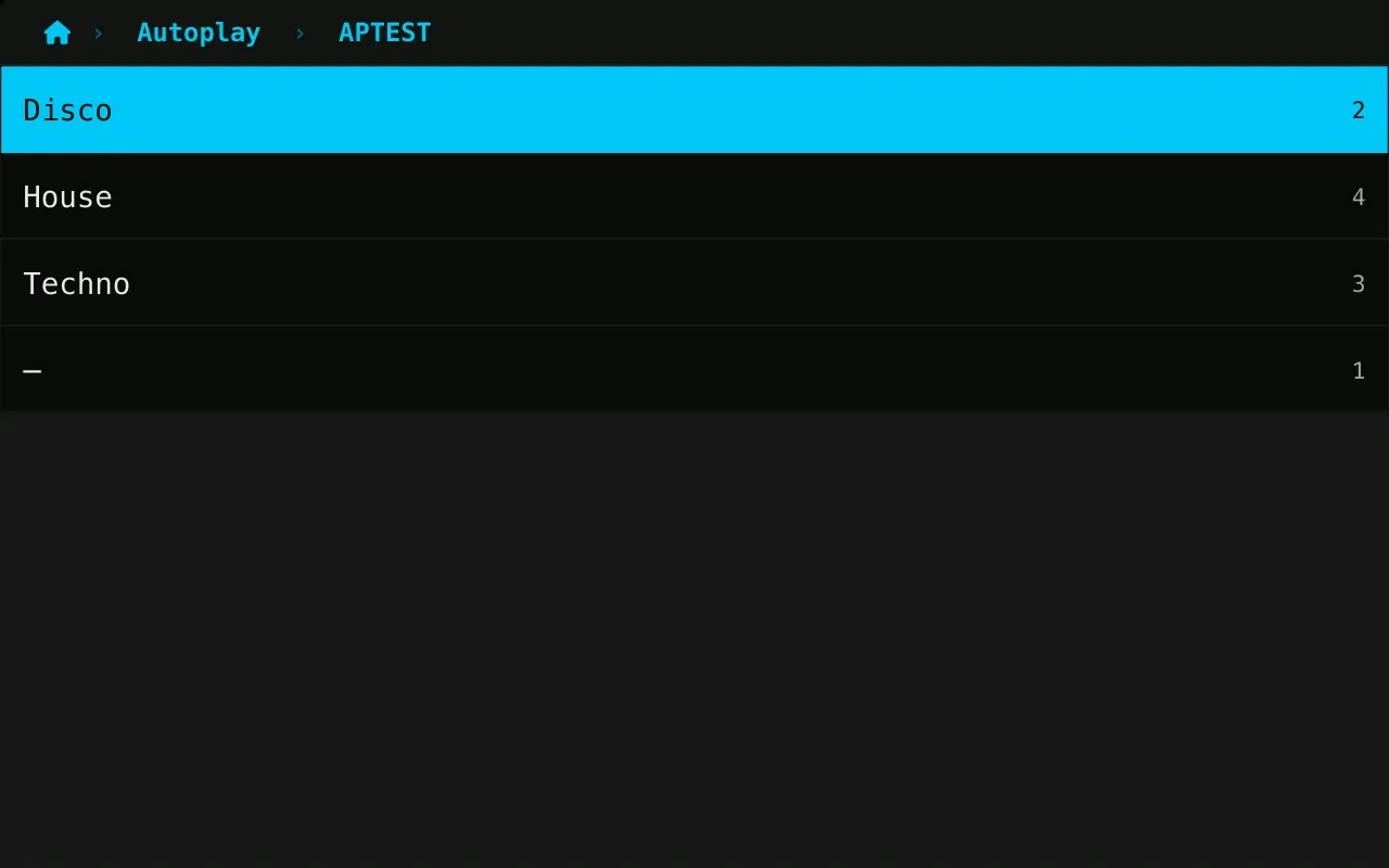 The Autoplay menu listing the genres on a stick: Disco, House, Techno, and the number of tracks in each.