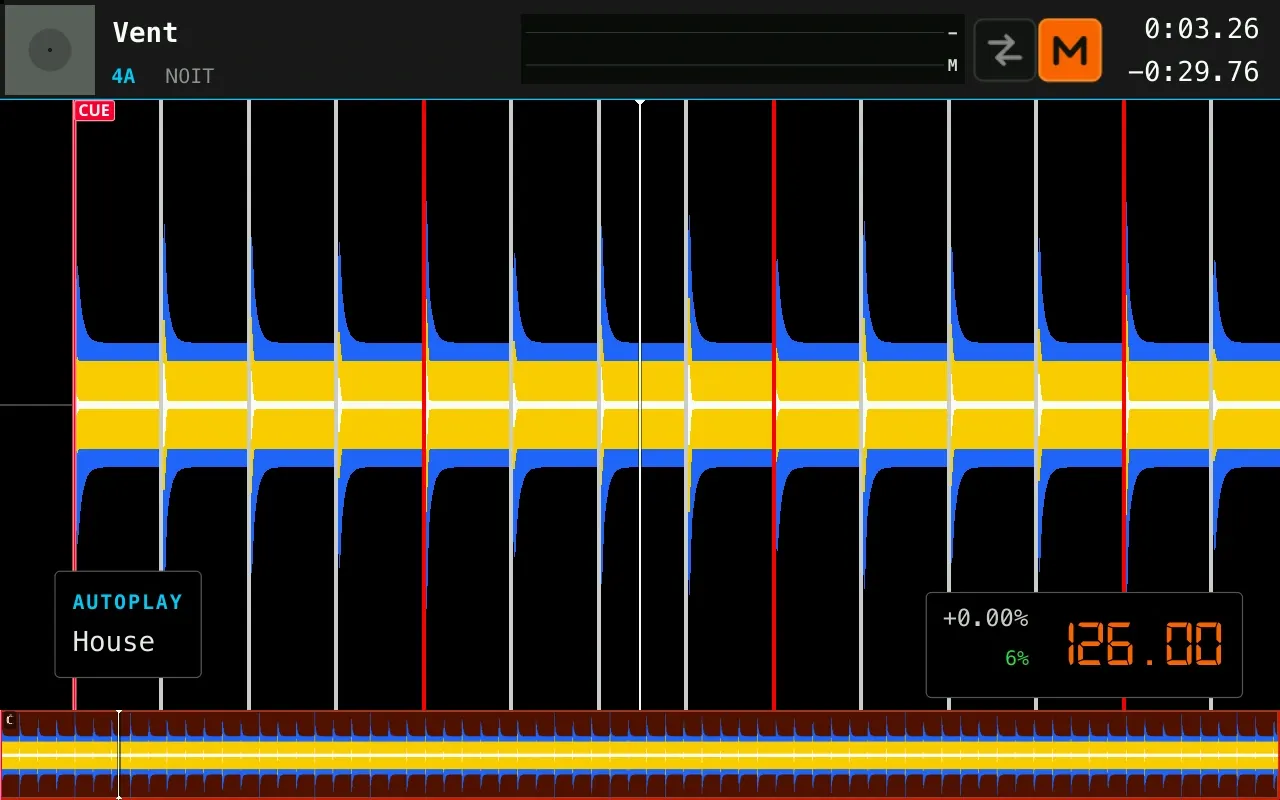 The deck view with SYNC and MASTER buttons in the header, MASTER lit, above a three-band waveform and a tempo of 126.00.