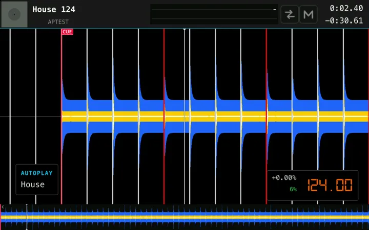 The deck view during Autoplay: a House badge over the waveform and a tempo of 124.00.