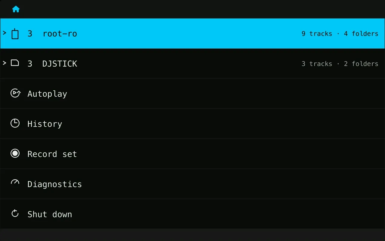 The home list on 1.0.1, with a source called root-ro above the real stick.