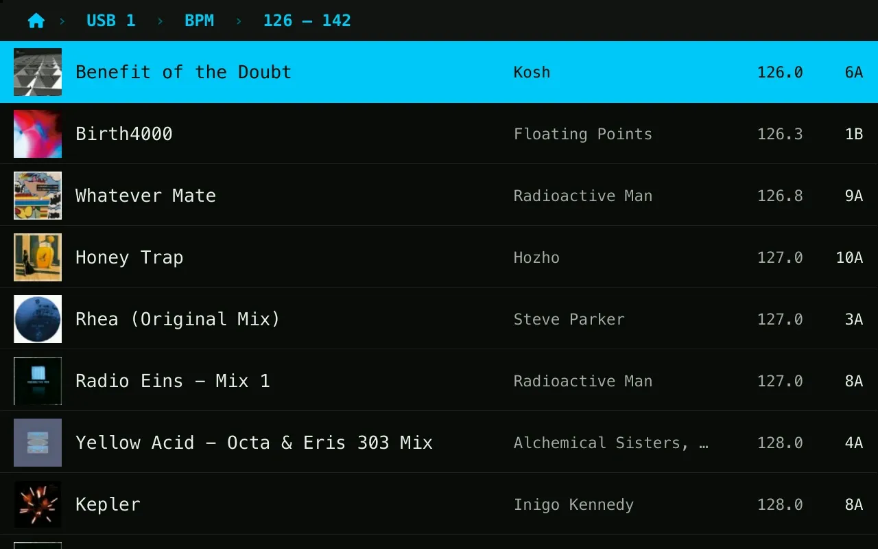 The deck's browser at USB 1, BPM, 126 – 142: eight tracks sorted by tempo, each with its own cover, title, artist, BPM and Camelot key, the first highlighted.
