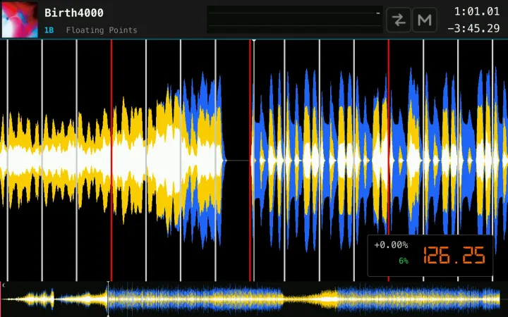 The deck view of Birth4000 at 126.25 BPM: a build-up with no bass, a beat of silence, then the drop in all three bands.
