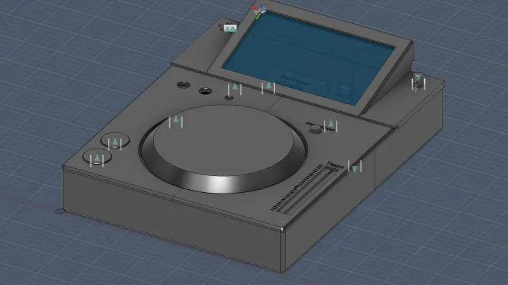 The V1 chassis in Fusion 360: a grey box with an angled screen housing and a jog wheel.