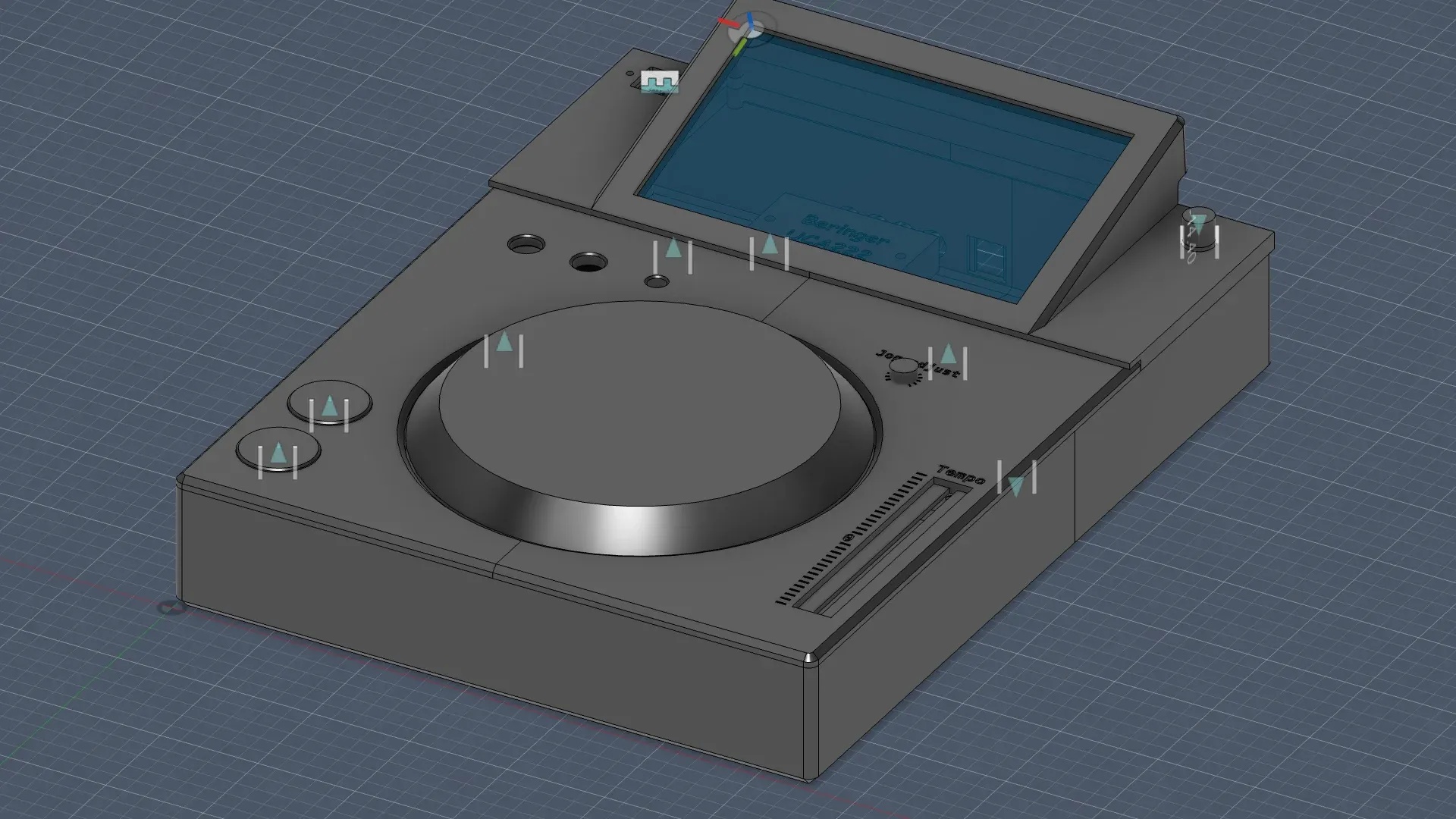 The V1 chassis in Fusion 360: a grey box with an angled screen housing, the jog wheel and the tempo fader slot.