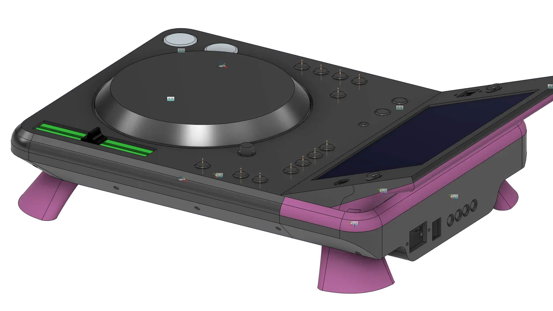The V2 chassis in Fusion 360, seen from the side: the fader slot lit green, the screen angled back, the rear panel with its sockets.