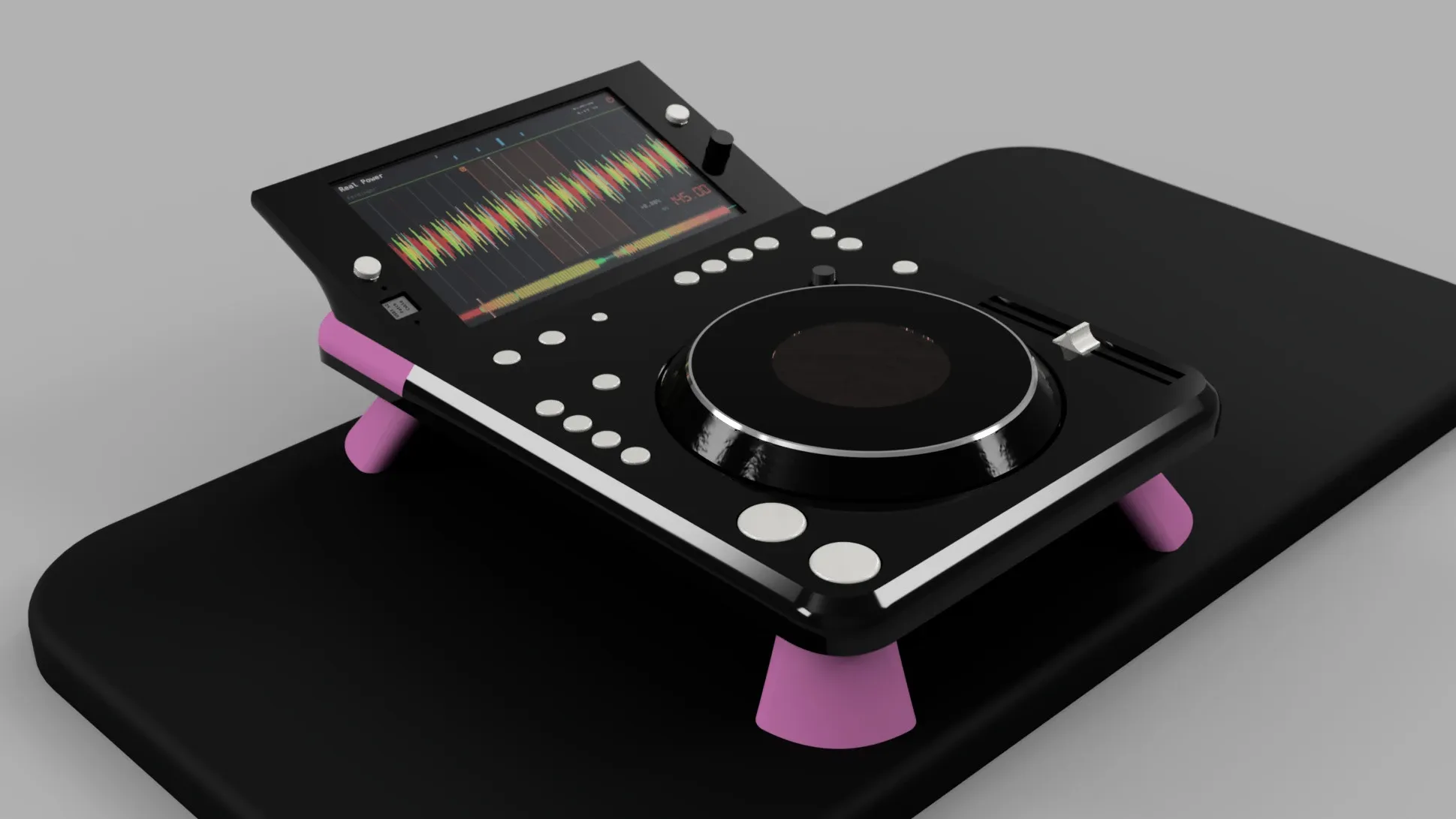 A render of the V2 chassis: black, on pink legs, with the screen angled up behind the jog wheel.