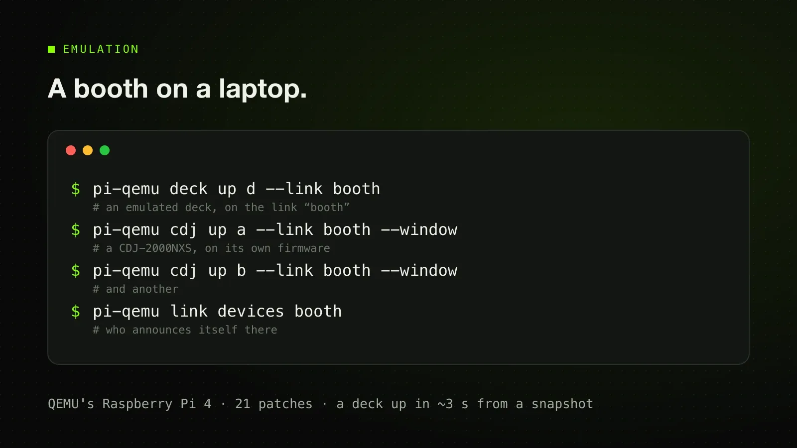 A terminal with four commands: an emulated deck brought up on a link called booth, two emulated CDJs on the same link, and a listing of who announces itself there.