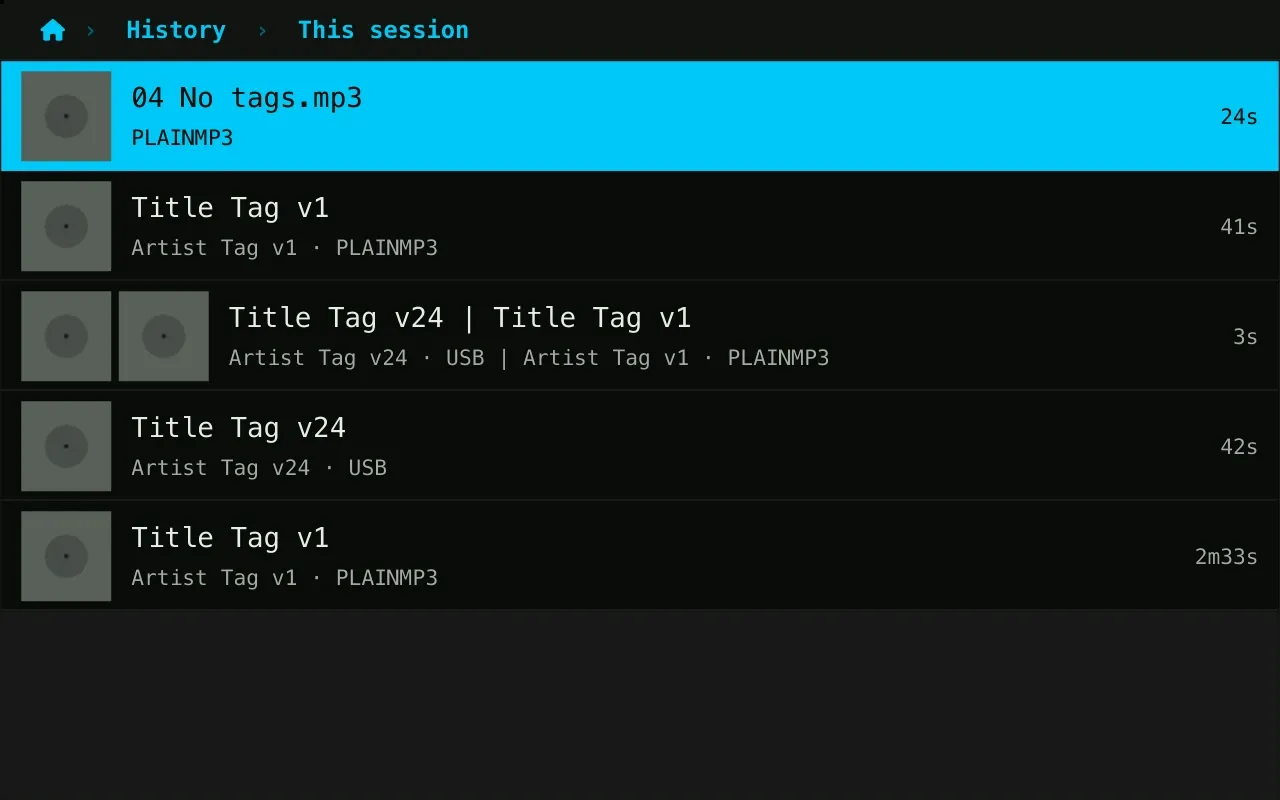 The History list: tracks played on the link this session, each with the stick it came from and how long it played, two of them on one row because they played together.