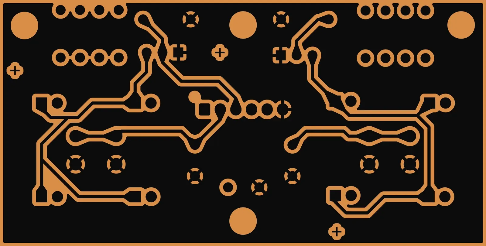 The play/cue board's front copper as a laser file: the outlines of every track and pad around two switch footprints.
