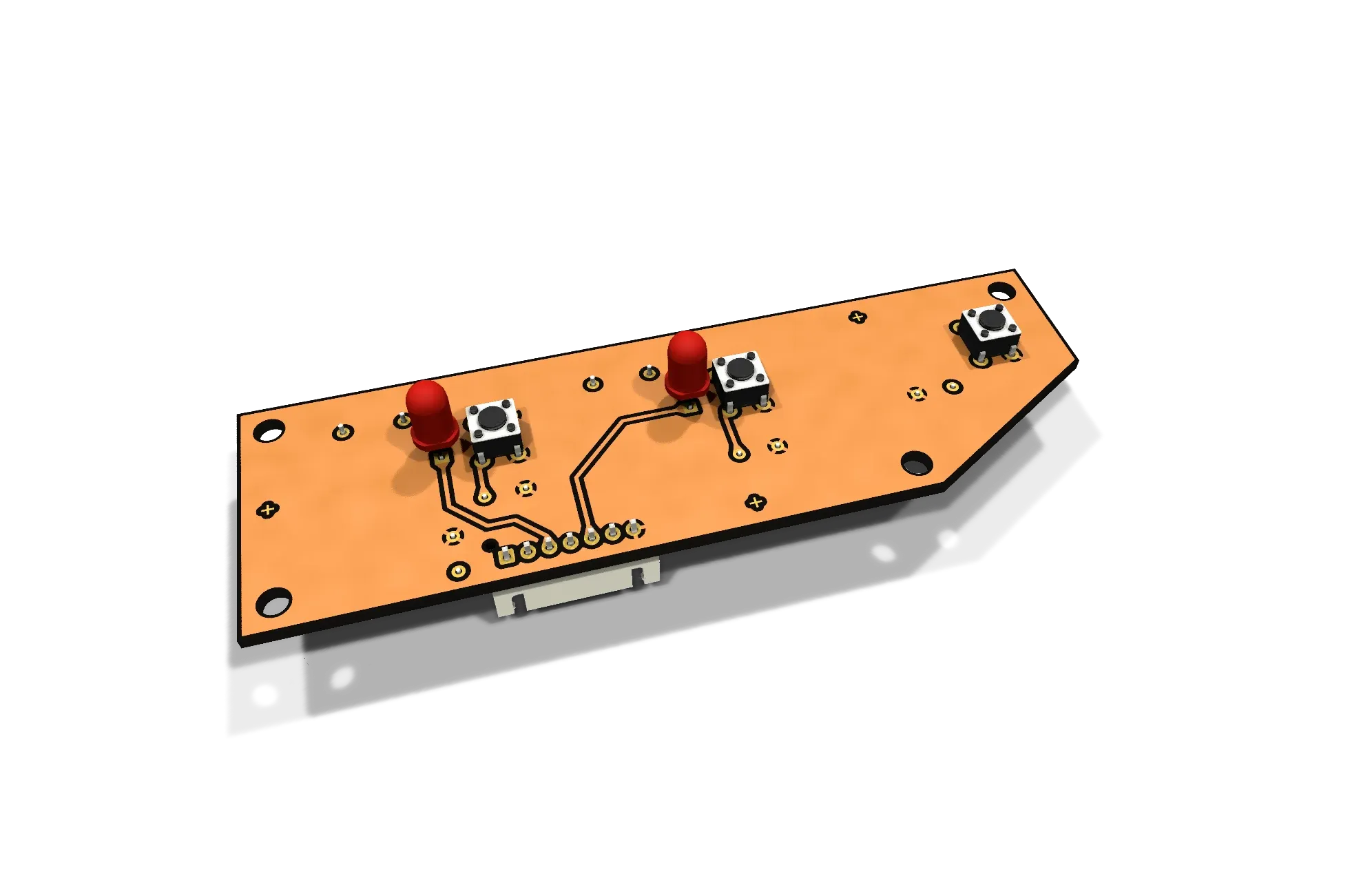 A 3D render of the loop board: a long bare copper PCB with three tact switches and two LEDs.