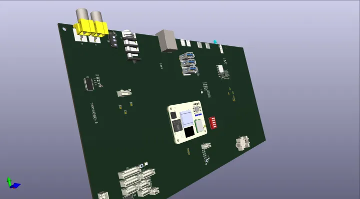 KiCad's 3D view of the monolithic main board.