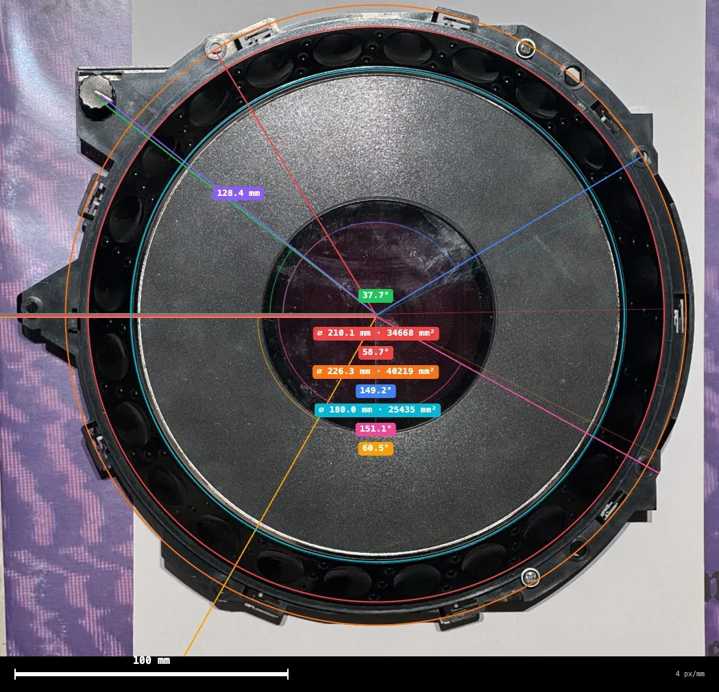 The jog wheel assembly from above, with concentric circles drawn on it and their diameters labelled.