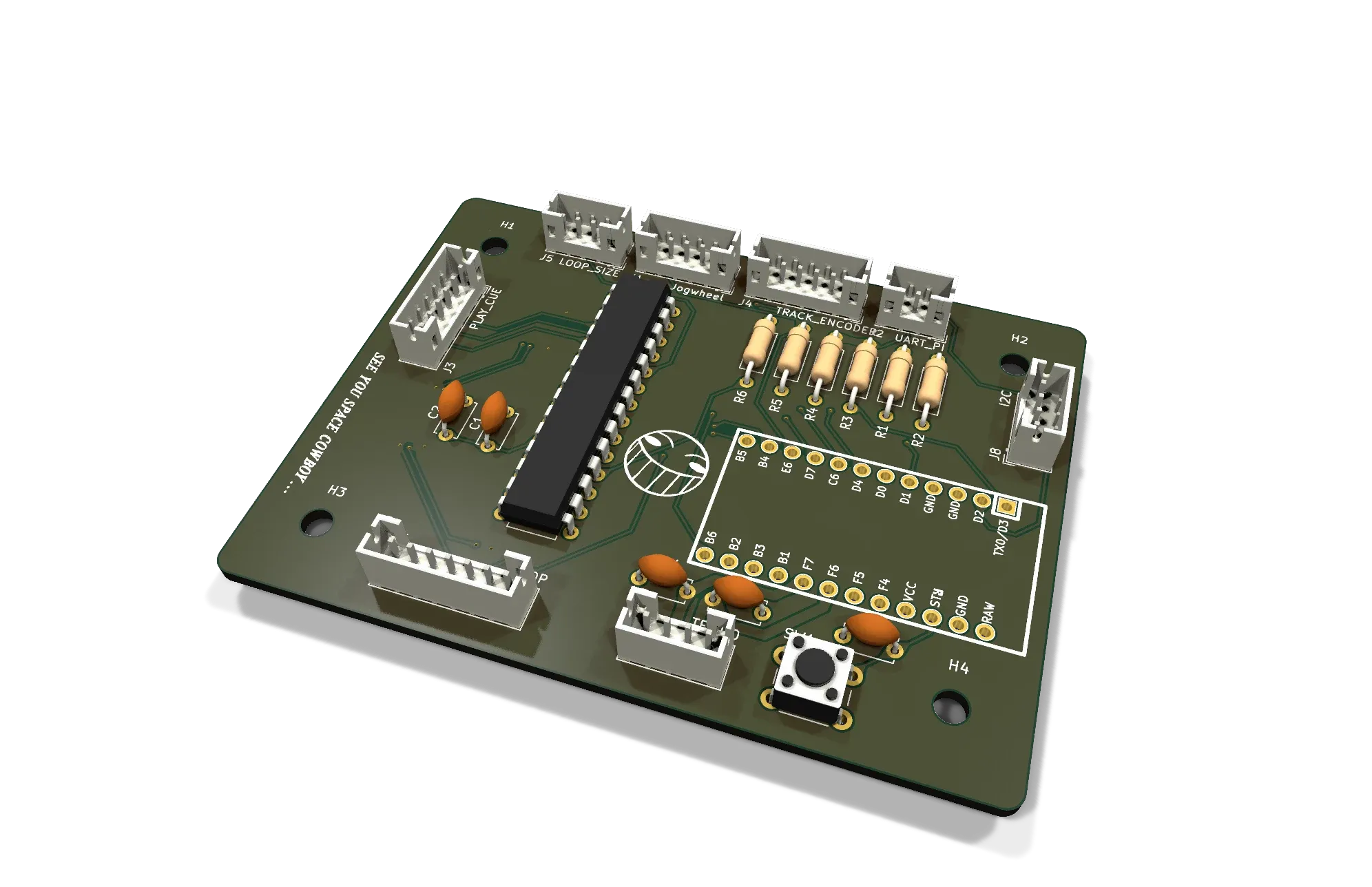 A 3D render of the midi-laser board: a green PCB with an Arduino Pro Micro footprint, a DIP-28 expander and JST connectors.