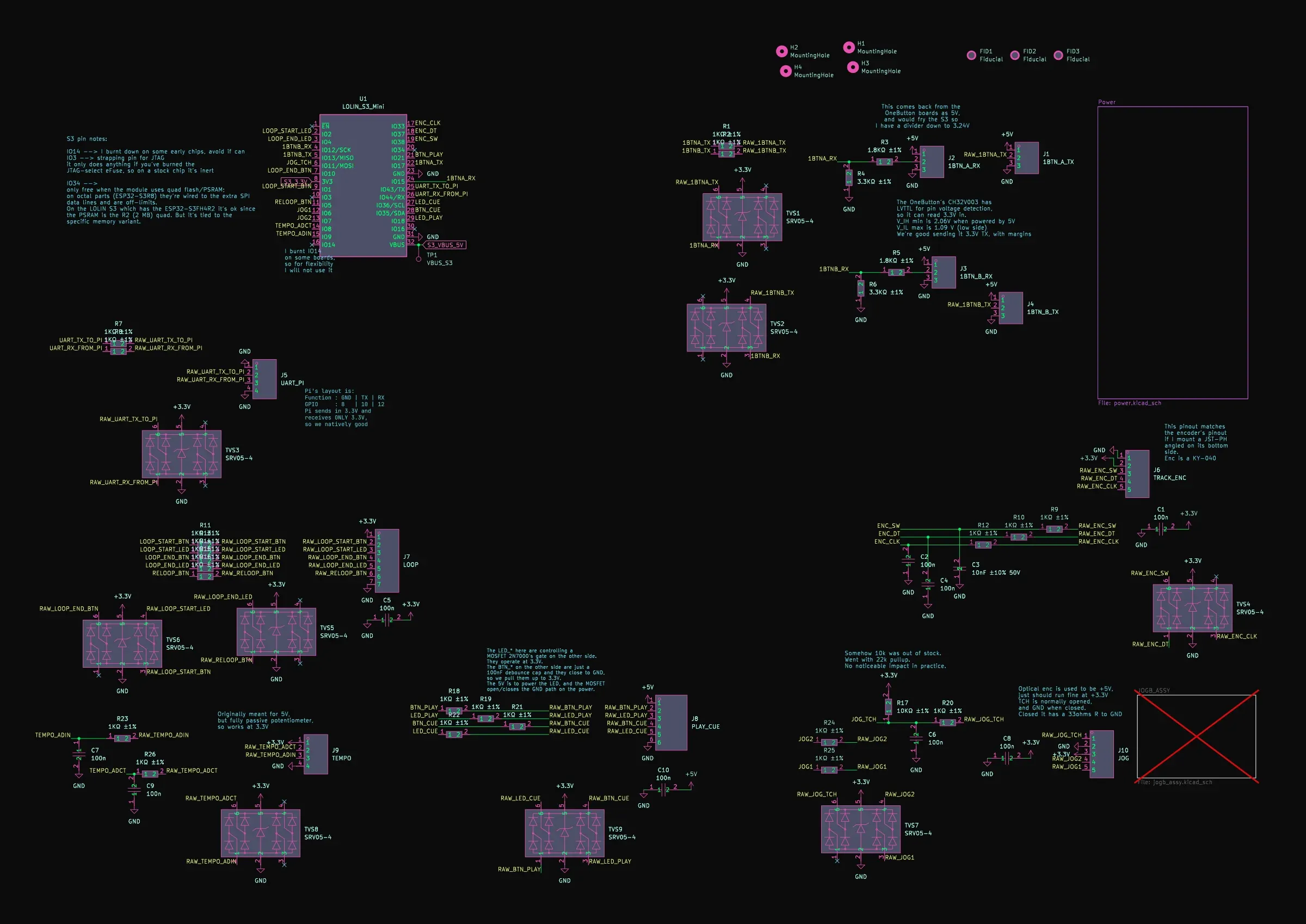 The midi_s3_mini schematic, with TVS diode arrays on every connector and notes written in its margins.