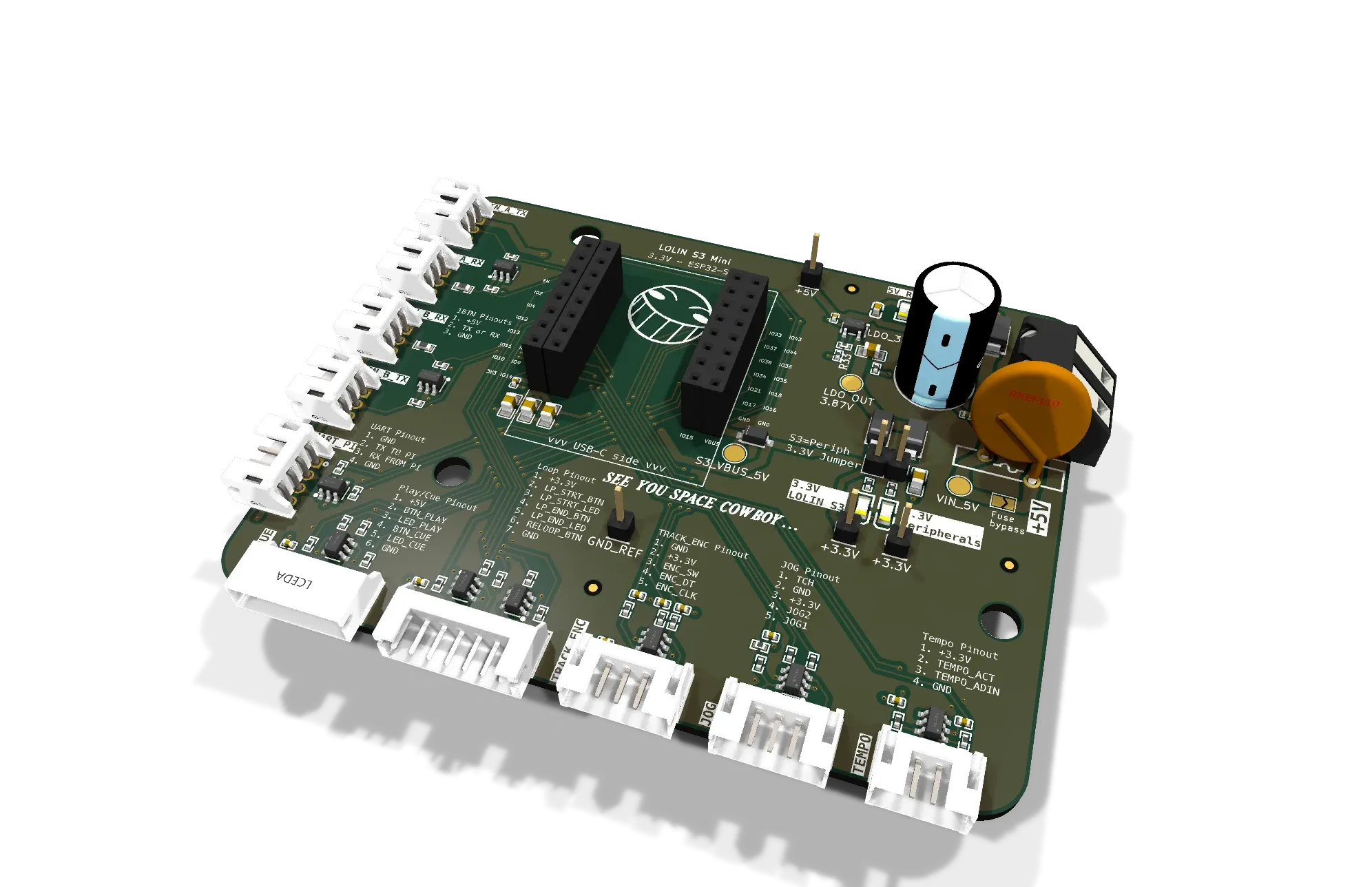 A 3D render of the midi_s3_mini board: a green PCB with headers for the LOLIN S3 Mini, a row of white JST connectors along two edges, a large capacitor and a screw terminal.