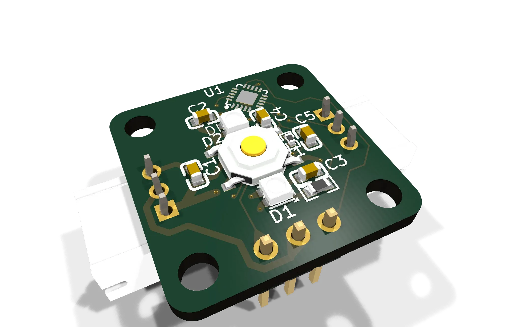 A 3D render of the OneButton board: a small square green PCB with a tact switch in the middle, two LEDs beside it, a tiny QFN chip and JST connectors on two sides.