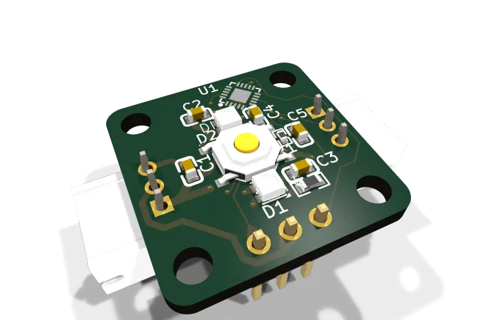 A OneButton ring node in 3D: a 20 mm board with a switch, two LEDs and a tiny chip.
