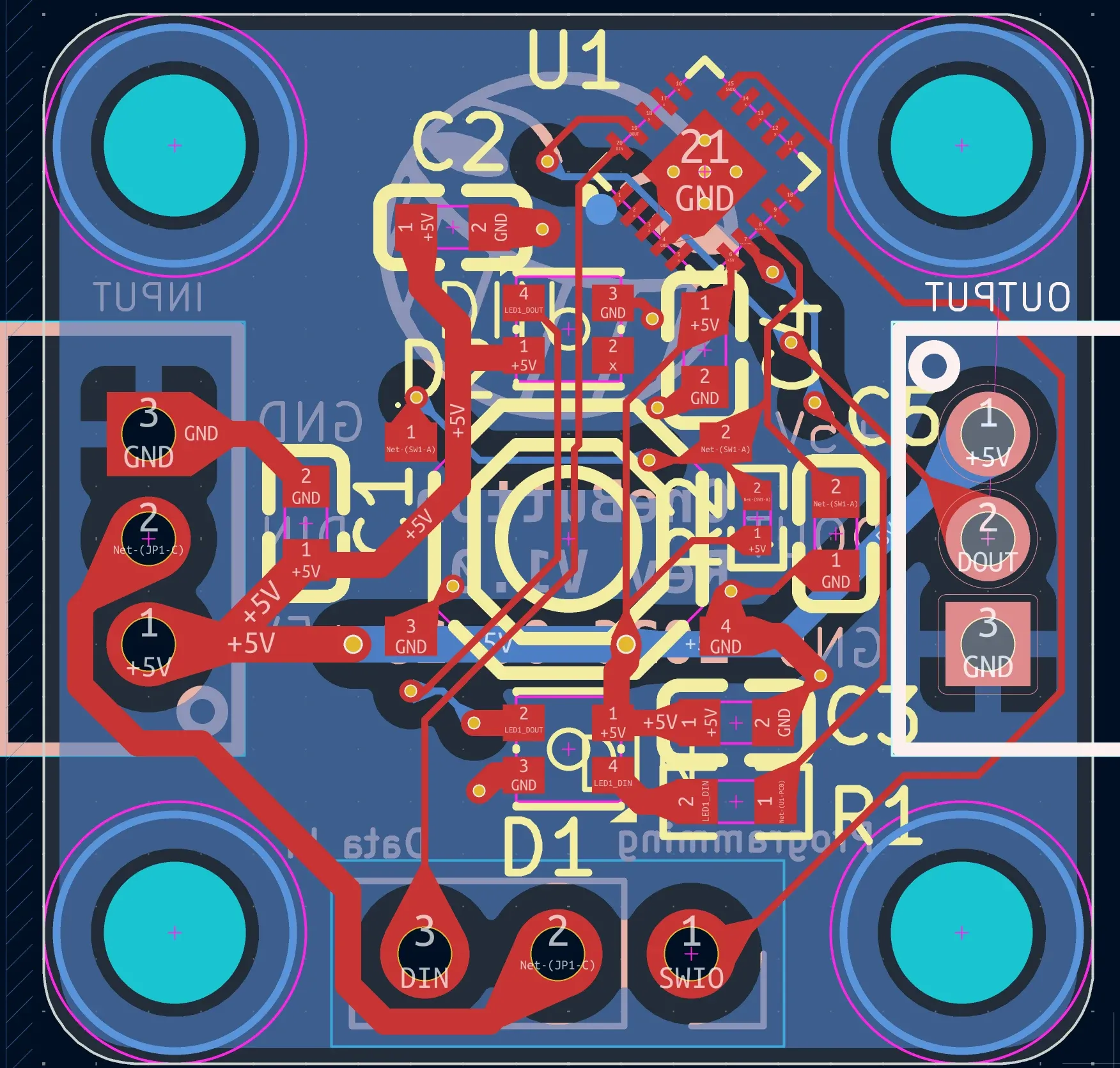 The first OneButton layout in KiCad's PCB editor.