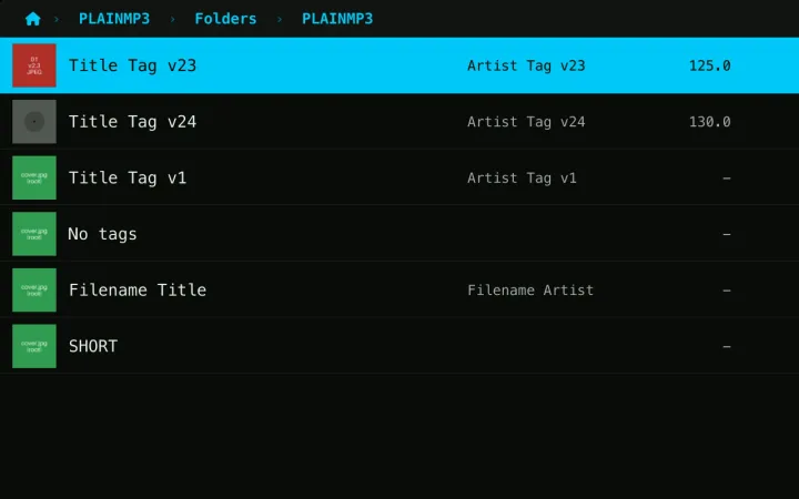 A plain stick's folder listing tracks by their tags.