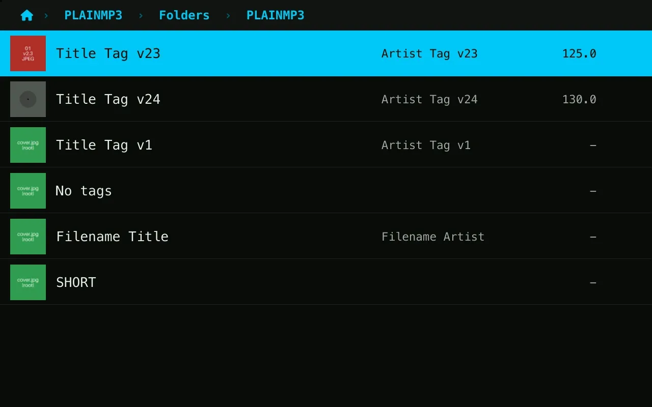 A plain stick's folder: tracks listed by their tags, some with cover art, one only by its filename.