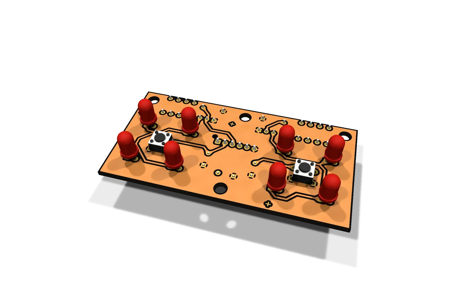A 3D render of the play/cue board: a bare copper PCB with two tact switches, each surrounded by four red 5 mm LEDs.