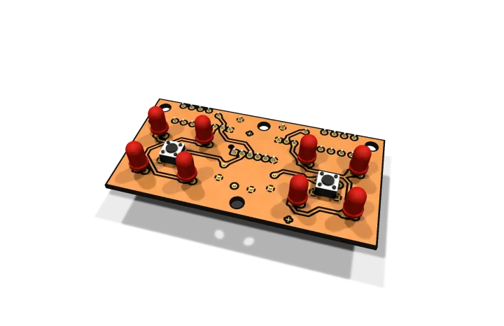 The play/cue board in 3D: bare copper, two switches, eight red LEDs.