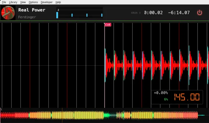 The first skin: a red waveform with beat lines, a CUE marker and a seven-segment tempo of 145.00.