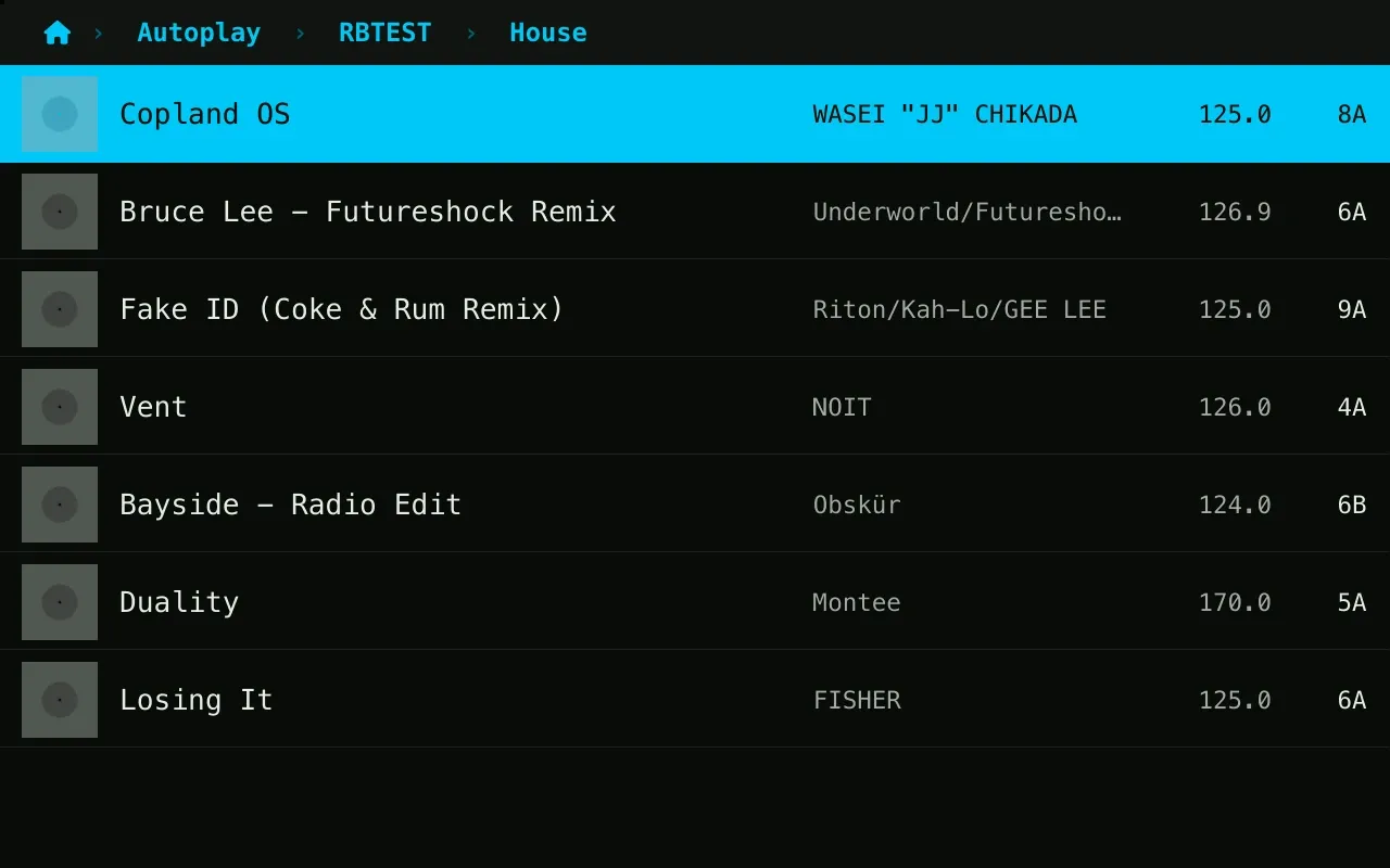 The deck's browser listing the house tracks on a rekordbox stick, each with its cover, title, artist, BPM and Camelot key.