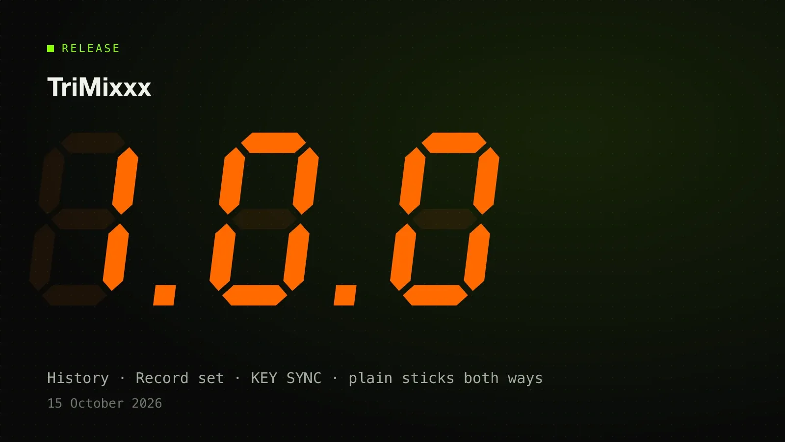The number 1.0.0 in orange seven-segment digits, with the words History, Record set, KEY SYNC and plain sticks both ways.