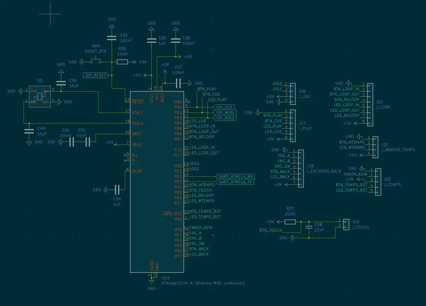 Schematic sheet of the MIDI controller: the ATmega32U4 and the connectors for the deck's controls.