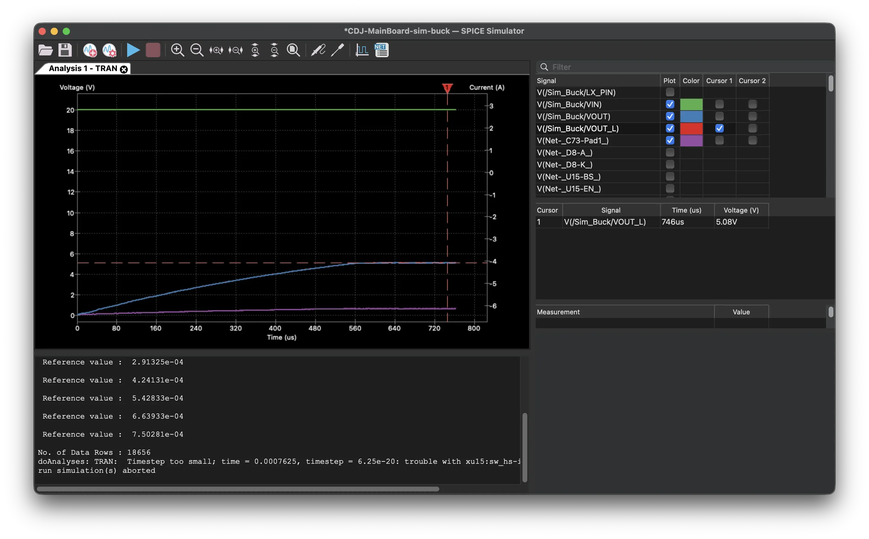 A SPICE plot of the buck converter's output voltage settling.