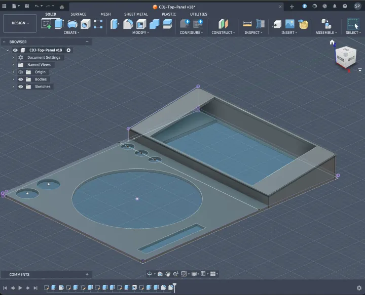 The first top panel in Fusion 360, a plate with the jog wheel's opening.